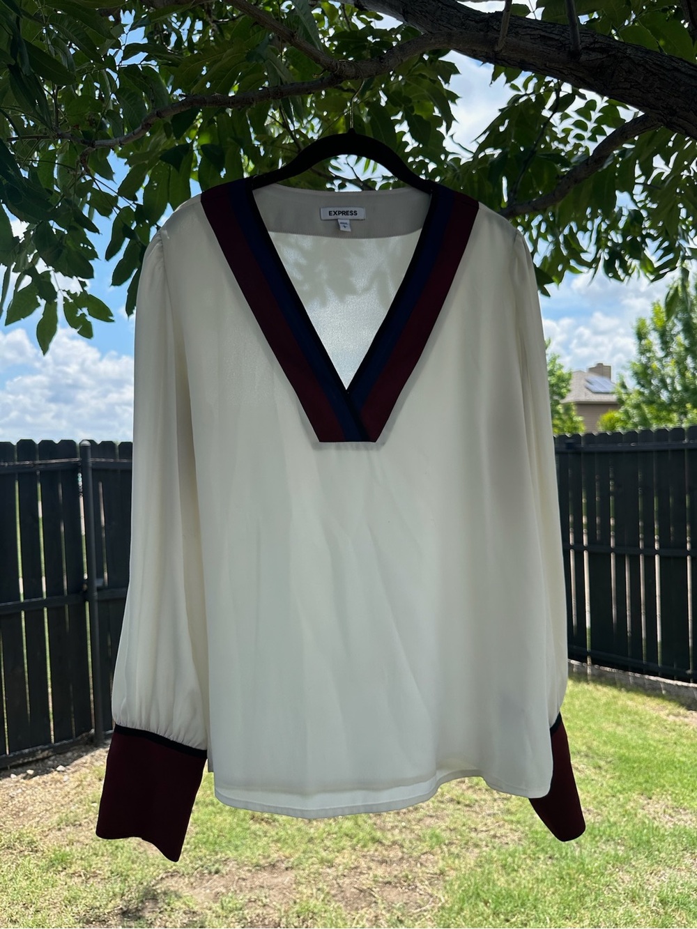 Express Cream Blouse with Navy and Burgundy Trim